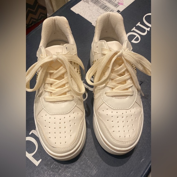 Creamy White with Brass Studs Lace Up Sneakers - Picture 2 of 2